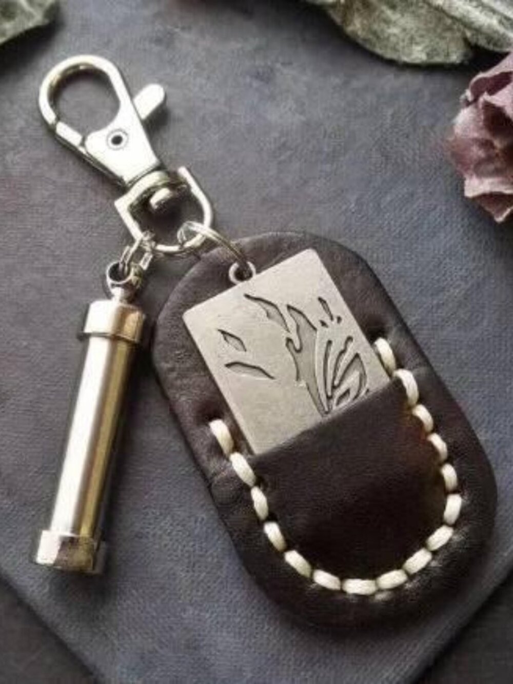 Leather Rune Keychain Stainless Steel Secret Pill Capsule Fob